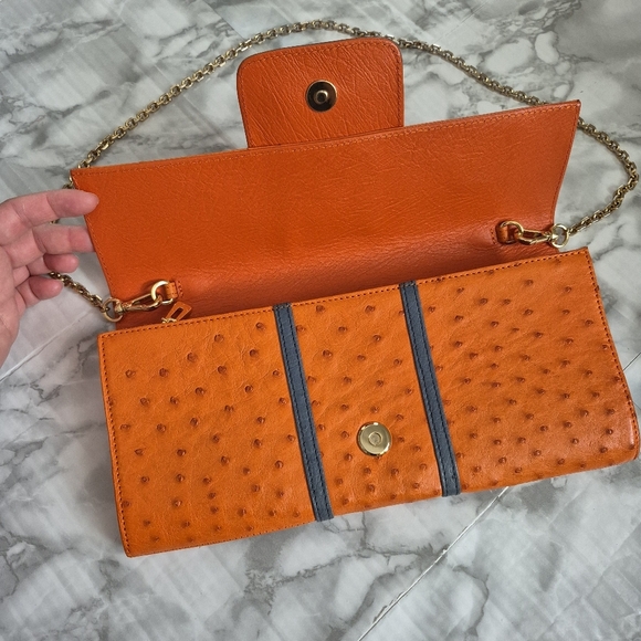 Orange & Gray Ostrich Leather Clutch Gold Chain Strap Sleek Design - Picture 3 of 12